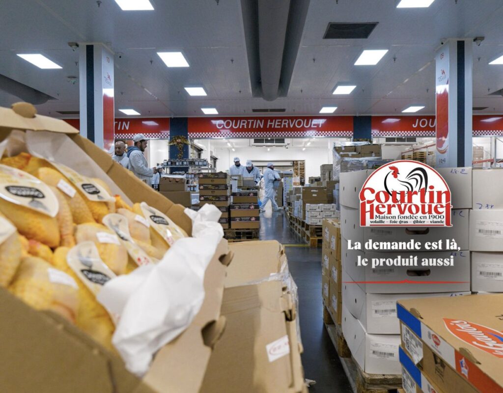 Volailles en caisse au premier plan du carreau Courtin Hervouet